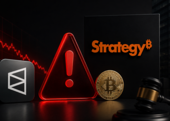 Logo de Strategy, logo de Polymarket, logo de BTC. Velas rojas.