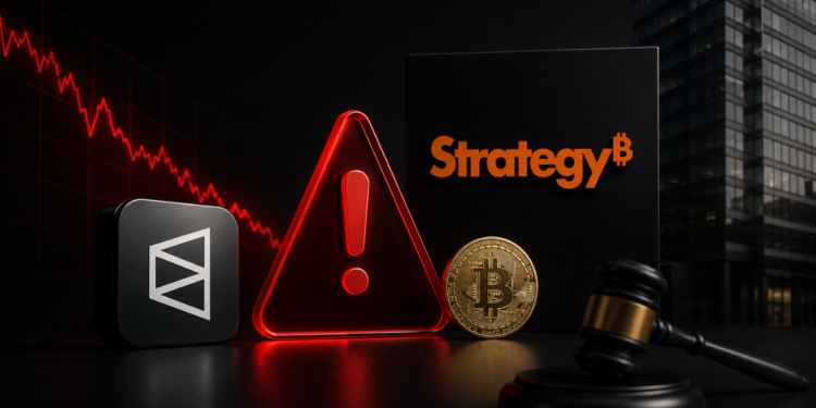 Logo de Strategy, logo de Polymarket, logo de BTC. Velas rojas.