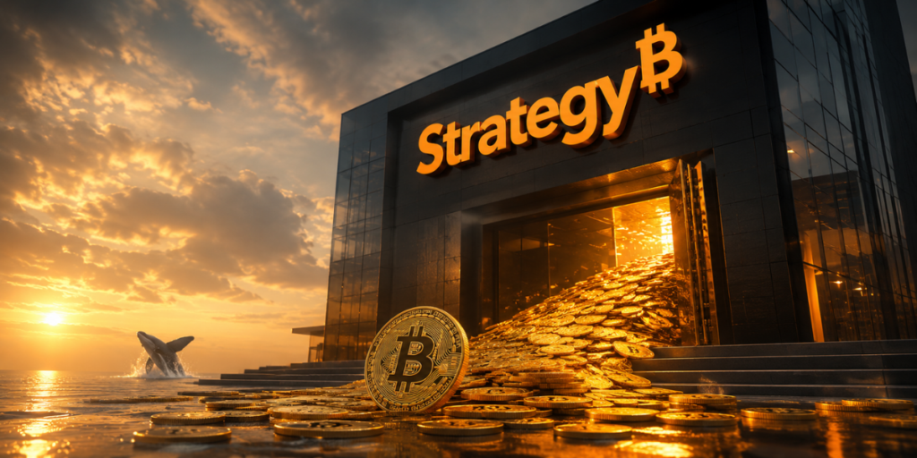 Empresa de Strategy, BTC y una ballena al fondo.