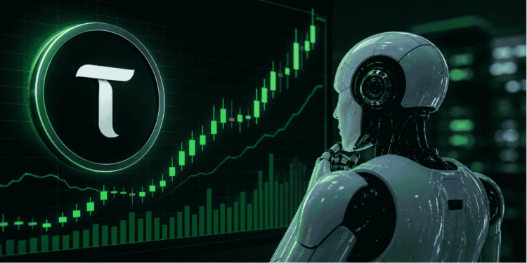 Precio de TAO, gráficos en verde, un robot viendo.