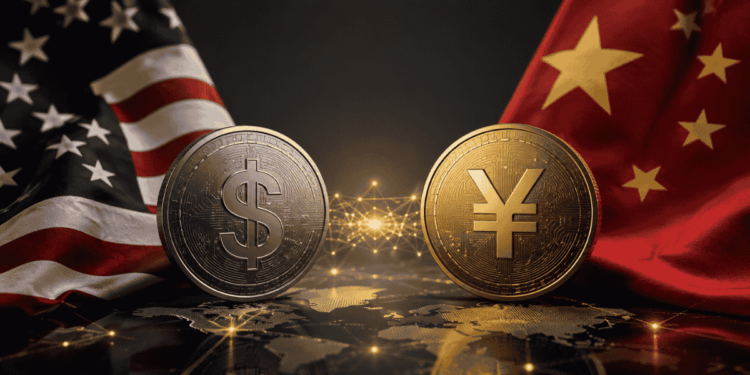 bandera de China, bandera de Estados Unidos. Yuan y dólar.