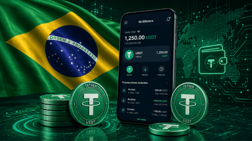 Una wallet con monedas de la stablecoin USDT de Tether junto a una bandera de Brasil.