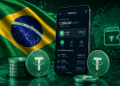 Una wallet con monedas de la stablecoin USDT de Tether junto a una bandera de Brasil.