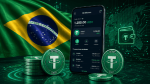 Una wallet con monedas de la stablecoin USDT de Tether junto a una bandera de Brasil.
