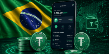 Una wallet con monedas de la stablecoin USDT de Tether junto a una bandera de Brasil.