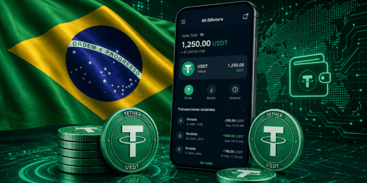 Una wallet con monedas de la stablecoin USDT de Tether junto a una bandera de Brasil.