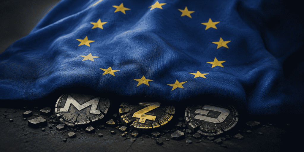 Bandera de la Unión Europea aplastando a las monedas privadas.
