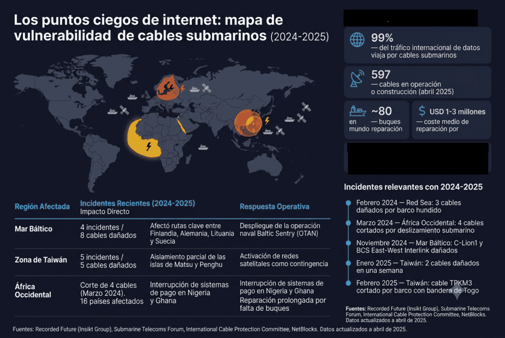 Infografía titulada "Los puntos ciegos de internet: mapa de vulnerabilidad de cables submarinos (2024-2025)". Muestra un mapa mundial con tres zonas resaltadas: Mar Báltico (rojo), Estrecho de Taiwán (naranja) y África Occidental (amarillo). Datos clave: el 99% del tráfico global depende de estos cables, hay 597 cables activos, unos 80 buques de reparación en el mundo, cada reparación cuesta entre USD 1 y 3 millones y tarda una media de 40 días.