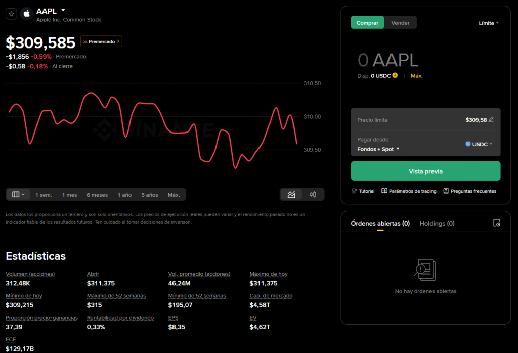 Captura de pantalla de la plataforma Binance donde se observa la cotización de Apple (AAPL) y la página de compraventa de esta acción.