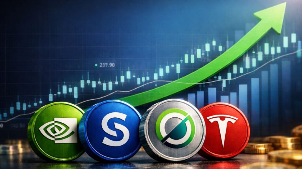 Monedas con logotipos de Nvidia, Solana, Render y Tesla frente a un gráfico financiero con flecha verde ascendente.