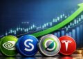Monedas con logotipos de Nvidia, Solana, Render y Tesla frente a un gráfico financiero con flecha verde ascendente.
