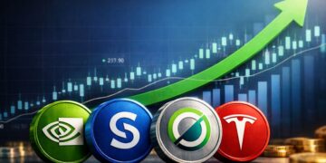 Monedas con logotipos de Nvidia, Solana, Render y Tesla frente a un gráfico financiero con flecha verde ascendente.