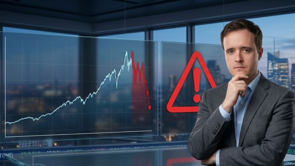Analista financiero con un gráfico del S&P 500 a la baja y un símbolo de advertencia rojo al fondo.