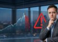 Analista financiero con un gráfico del S&P 500 a la baja y un símbolo de advertencia rojo al fondo.