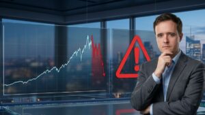 Analista financiero con un gráfico del S&P 500 a la baja y un símbolo de advertencia rojo al fondo.