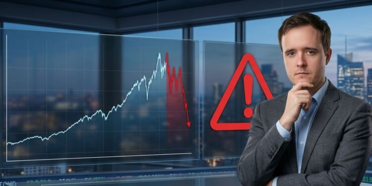 Analista financiero con un gráfico del S&P 500 a la baja y un símbolo de advertencia rojo al fondo.