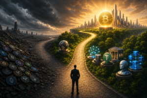 Hombre caminando hacia el bitcoin, entre altcoins