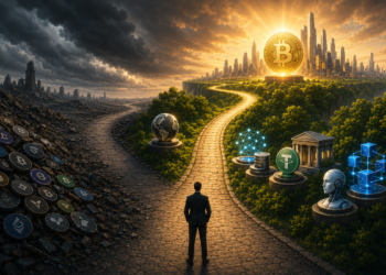 Hombre caminando hacia el bitcoin, entre altcoins