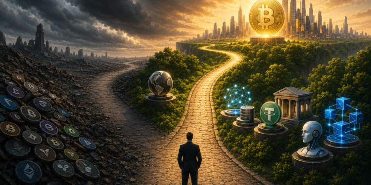 Hombre caminando hacia el bitcoin, entre altcoins