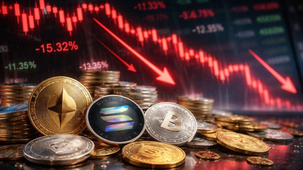 Monedas físicas de criptomonedas frente a gráficos en caída.