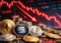 Monedas físicas de criptomonedas frente a gráficos en caída.