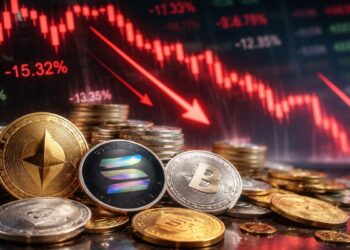 Monedas físicas de criptomonedas frente a gráficos en caída.