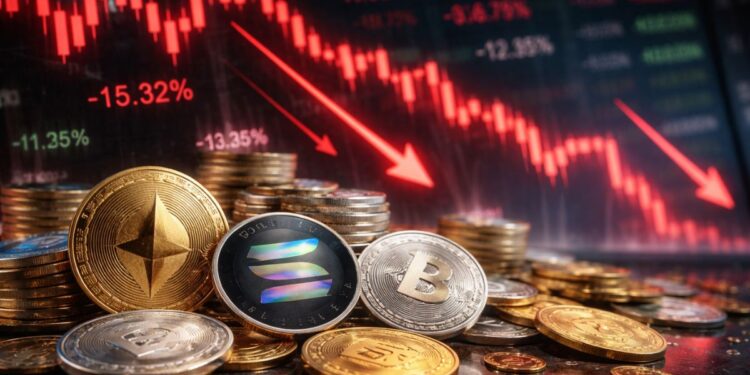 Monedas físicas de criptomonedas frente a gráficos en caída.