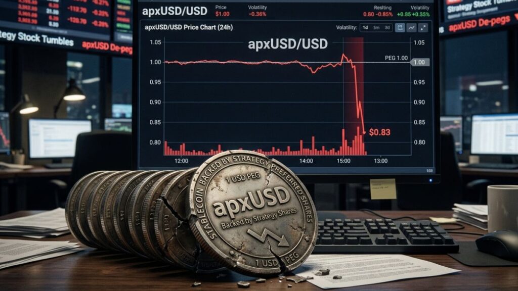 Moneda física de apxUSD agrietada sobre un escritorio de trading frente a un monitor que muestra un gráfico.
