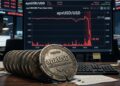Moneda física de apxUSD agrietada sobre un escritorio de trading frente a un monitor que muestra un gráfico.