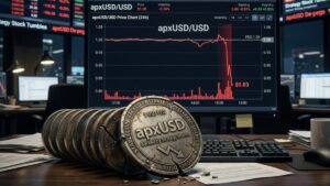 Moneda física de apxUSD agrietada sobre un escritorio de trading frente a un monitor que muestra un gráfico.