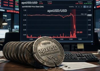 Moneda física de apxUSD agrietada sobre un escritorio de trading frente a un monitor que muestra un gráfico.