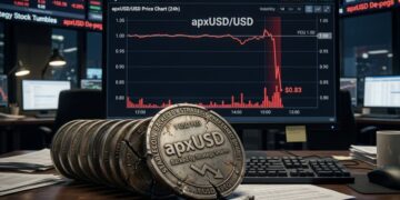 Moneda física de apxUSD agrietada sobre un escritorio de trading frente a un monitor que muestra un gráfico.