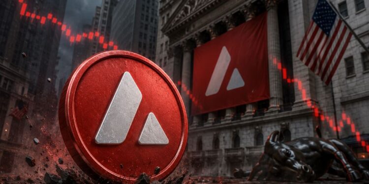 Una moneda física de avalanche en Wall Street junto a gráficos de precio de velas rojas y un edificio en ruinas.