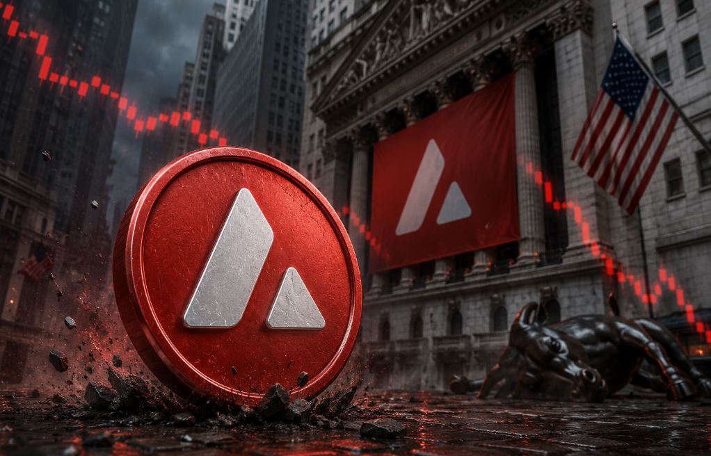 Una moneda física de avalanche en Wall Street junto a gráficos de precio de velas rojas y un edificio en ruinas.