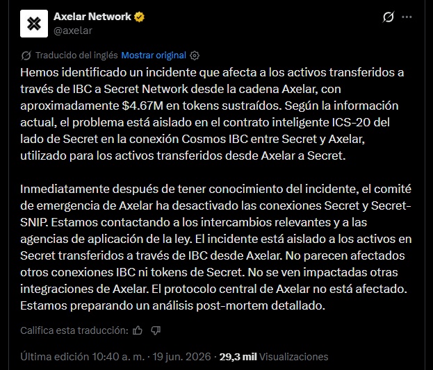 Texto del equipo de una red de criptomonedas explicando un hackeo.