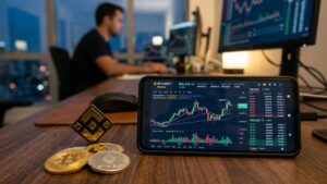 Teléfono que refleja gráficas de mercado en su pantalla, con el logo de Binance a un lado y algunas criptomonedas.