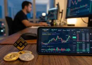 Teléfono que refleja gráficas de mercado en su pantalla, con el logo de Binance a un lado y algunas criptomonedas.