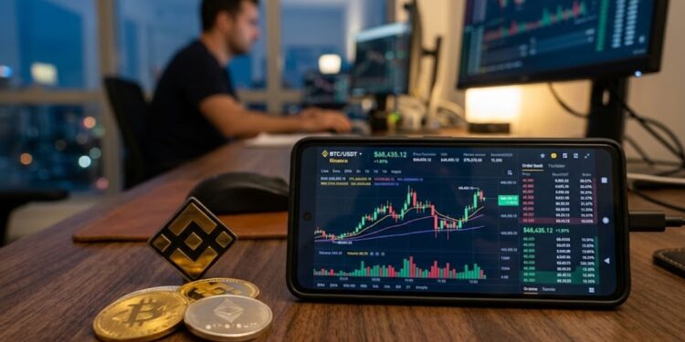 Teléfono que refleja gráficas de mercado en su pantalla, con el logo de Binance a un lado y algunas criptomonedas.