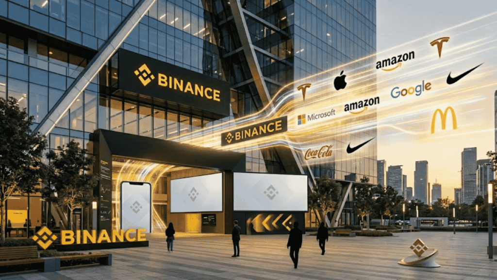 Edificio de Binance y muchos logos de acciones conocidas.