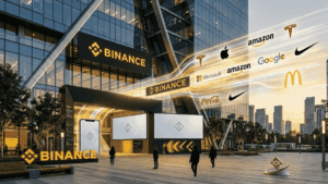 Edificio de Binance y muchos logos de acciones conocidas.