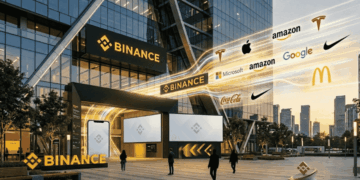 Edificio de Binance y muchos logos de acciones conocidas.