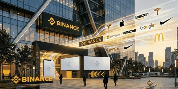 Edificio de Binance y muchos logos de acciones conocidas.