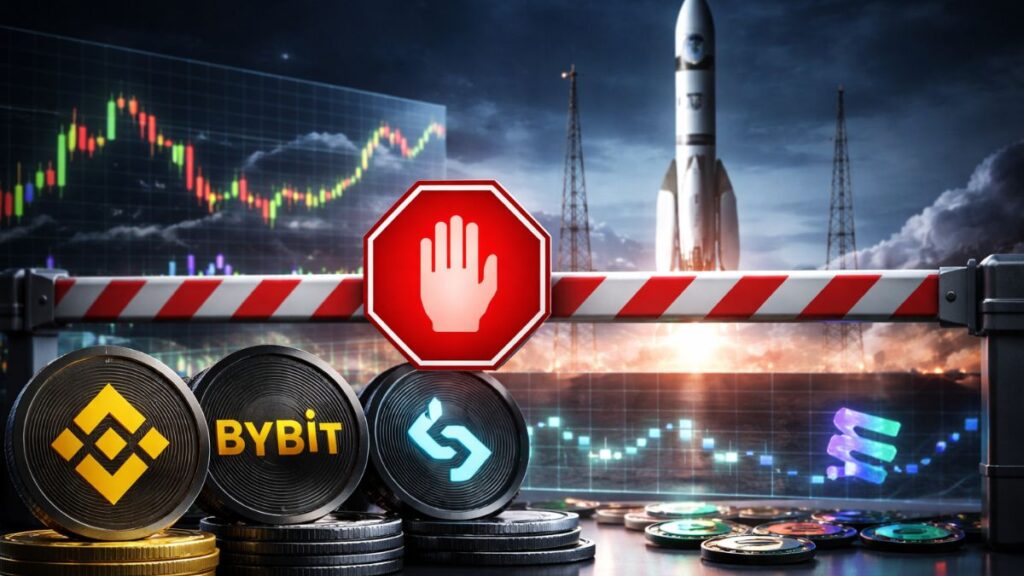 Binance, Bybit y Bitget con barrera de bloqueo frente a un cohete tipo SpaceX y símbolo de Solana, representando el freno a la asignación de acciones tokenizadas en Solana.
