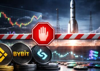 Binance, Bybit y Bitget con barrera de bloqueo frente a un cohete tipo SpaceX y símbolo de Solana, representando el freno a la asignación de acciones tokenizadas en Solana.