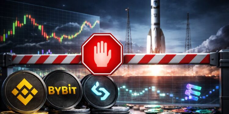 Binance, Bybit y Bitget con barrera de bloqueo frente a un cohete tipo SpaceX y símbolo de Solana, representando el freno a la asignación de acciones tokenizadas en Solana.