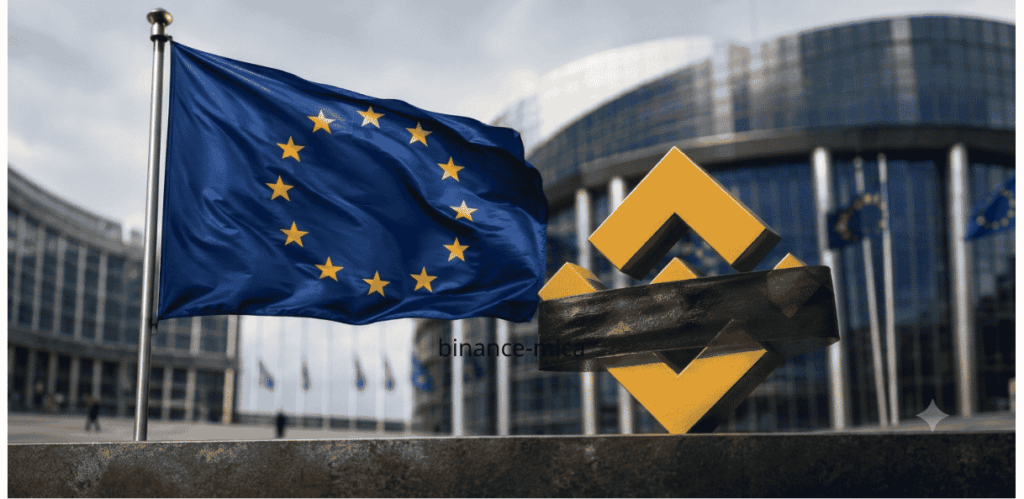 Bandera de la Unión Europea. El logo de Binance censurado.