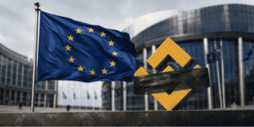 Bandera de la Unión Europea. El logo de Binance censurado.