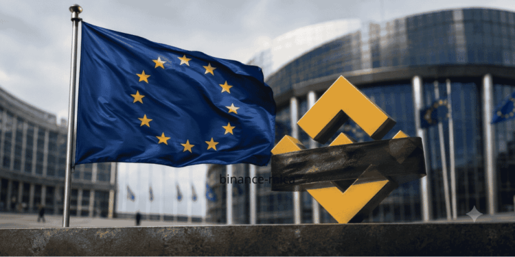 Bandera de la Unión Europea. El logo de Binance censurado.
