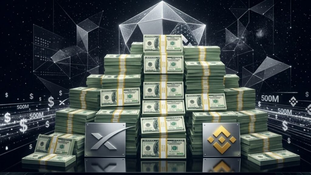 Montaña de fajos de billetes de dólares, flanqueada por placas con los logotipos de SpaceX y Binance.