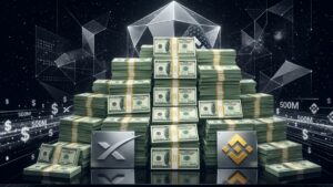 Montaña de fajos de billetes de dólares, flanqueada por placas con los logotipos de SpaceX y Binance.